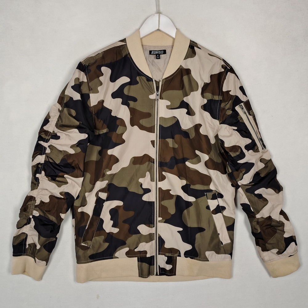 Elwood Mens Camo Bomber Jacket Ruched Sleeve Full Zip Lightweight Green Brown M